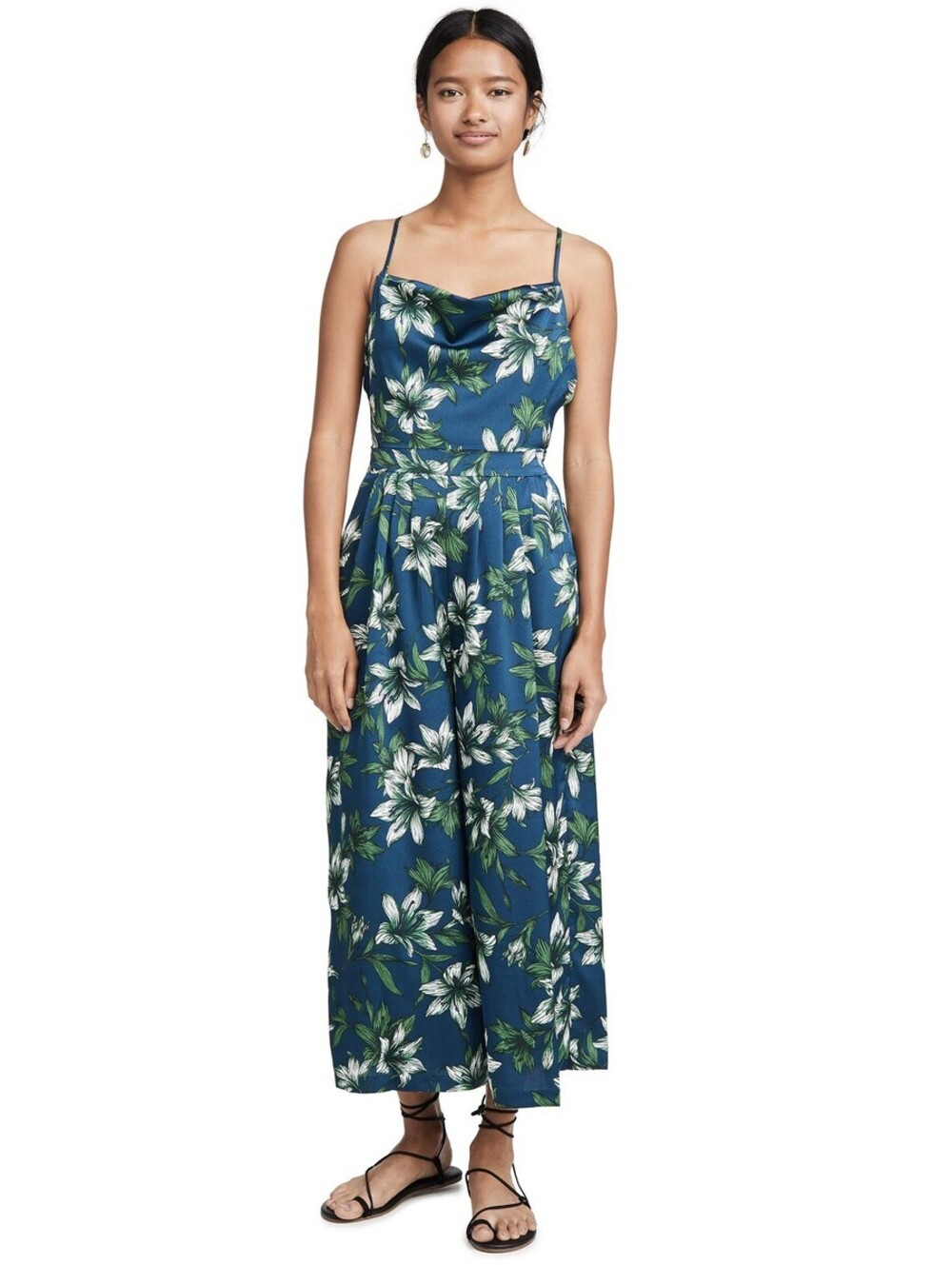 JOA Women's Sleeveless Cowl Neck Wide Leg Casual Jumpsuit, Navy Tropical, L